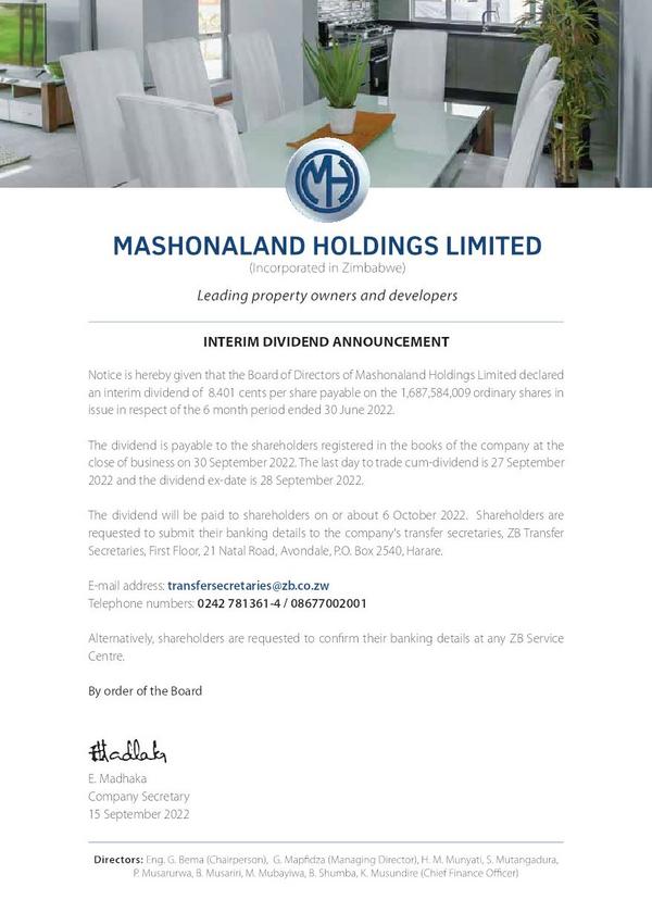 Mashonaland Holdings Limited 2022 Circular Results For The Half Year