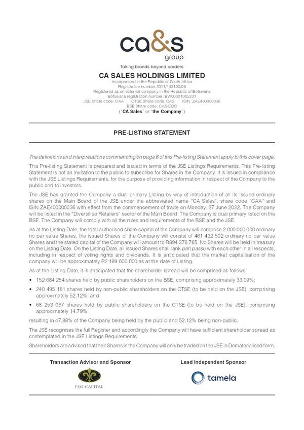 Ca Sales Holdings Limited 2022 Prospectus