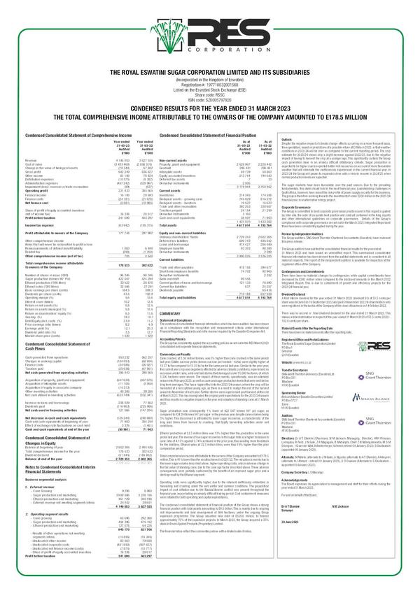 The Royal Eswatini Sugar Corporation Limited 2023 Abridged Results