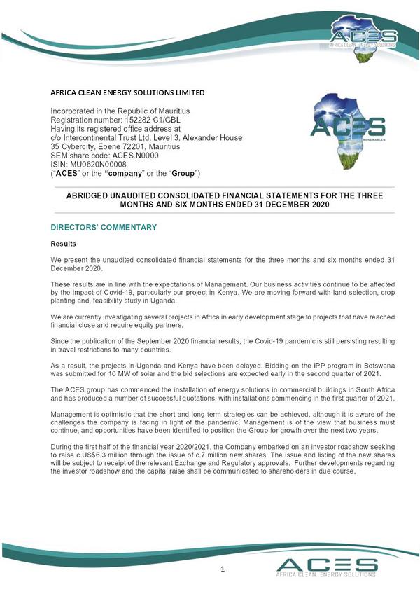 Africa Clean Energy Solutions 2021 Interim Results For The Half Year
