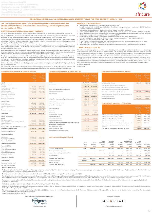 Africure Pharmaceuticals Ltd 2021 Abridged Results