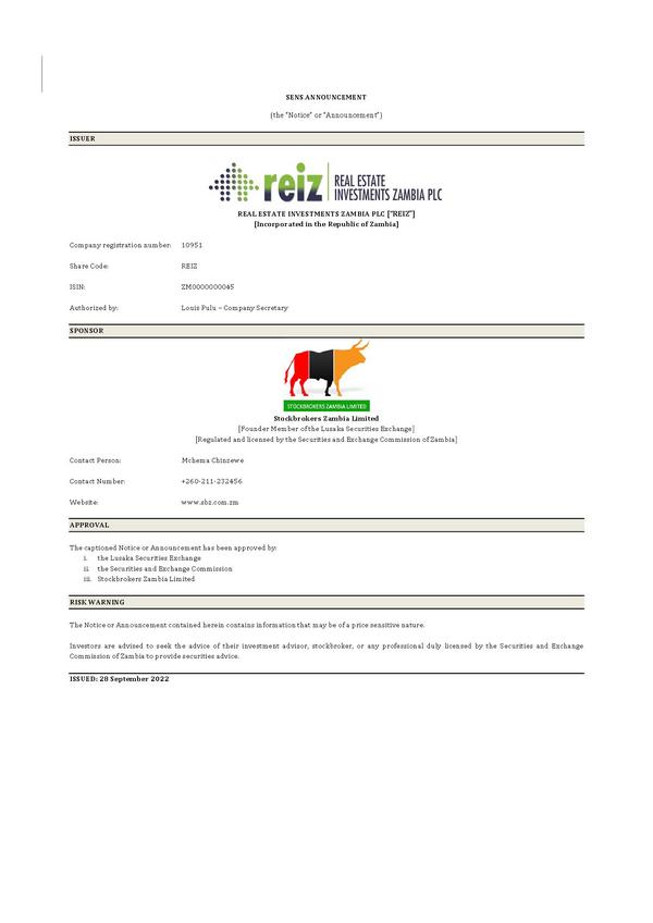 Real Estate Investments Zambia Plc 2022 Interim Results For The Half Year