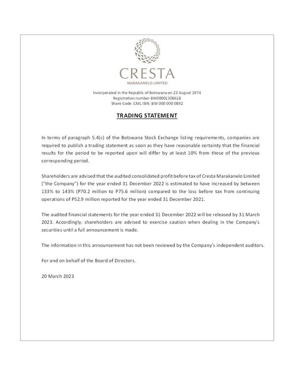 Cresta Marakanelo Limited 2022 Interim Results For The Forth Quarter