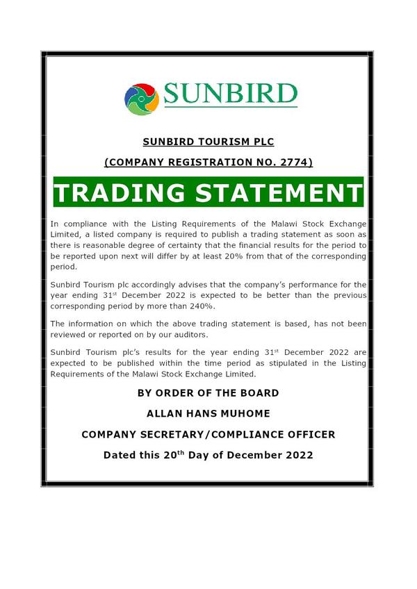 Sunbird Tourism Limited 2022 Interim Results For The Forth Quarter