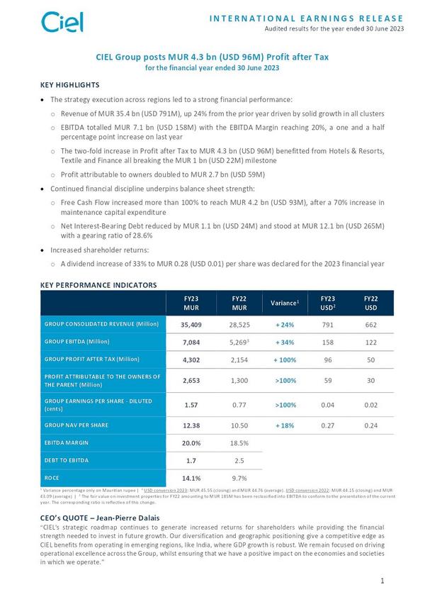 Ciel Limited 2023 Interim Results For The Forth Quarter
