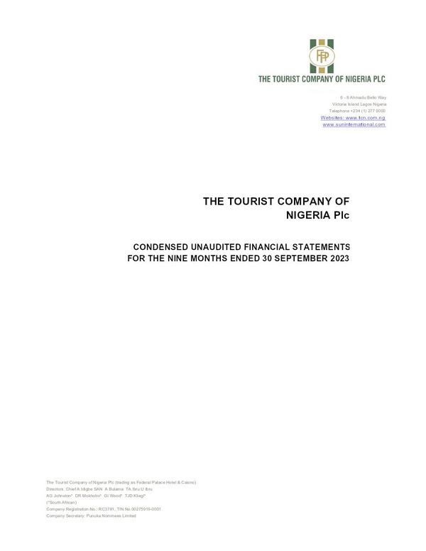 Tourist Company Of Nigeria Plc 2023 Interim Results For The Third Quarter