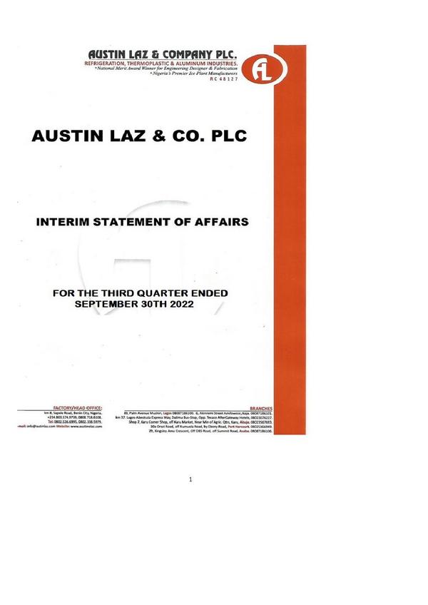 Austin Laz & Company Plc 2022 Interim Results For The Third Quarter