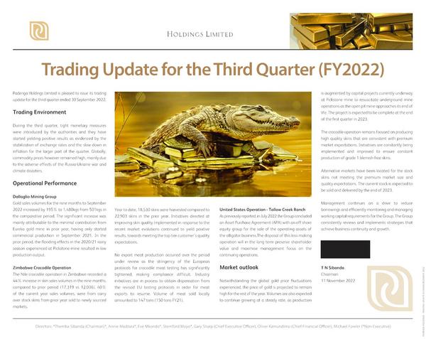 Padenga Holdings Limited 2022 Interim Results For The Third Quarter