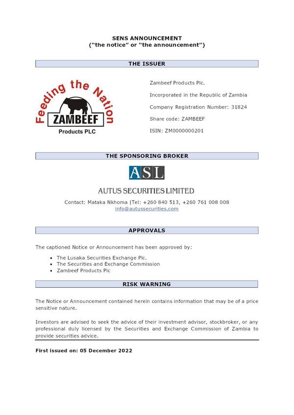 Zambeef Products Plc 2022 Abridged Results