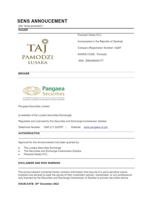 Taj Pamodzi Hotels Plc 2023 Interim Results For The Third Quarter
