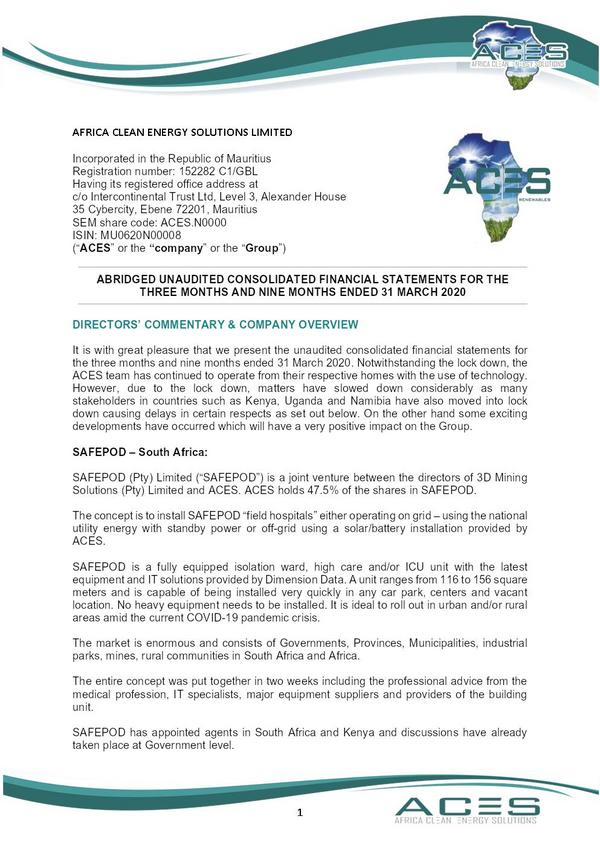 Africa Clean Energy Solutions 2020 Interim Results For The Third Quarter