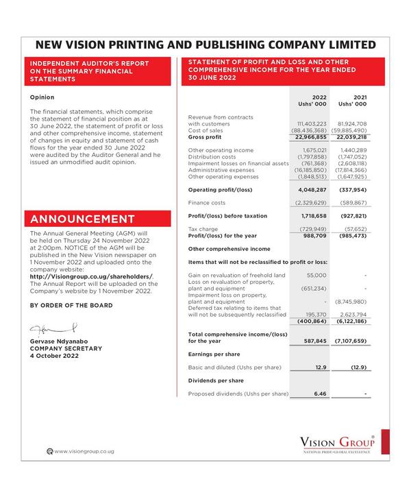 New Vision Printing And Publishing Company Ltd 2022 Abridged Results