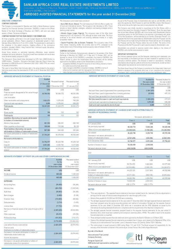 Sanlam africa core real estate investments limited 2022 Abridged Results