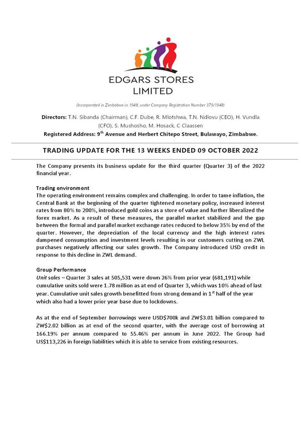 Edgars Stores Limited 2022 Interim Results For The Third Quarter