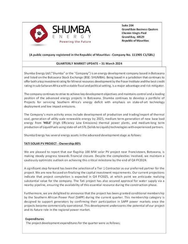 Shumba Energy Limited 2024 Interim Results For The Third Quarter